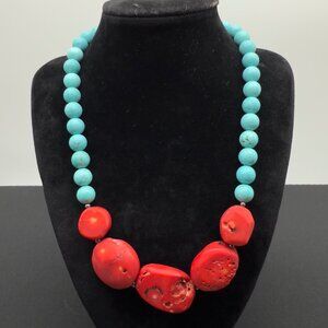Statement Turquoise & Red Coral Beaded Necklace Sterling Silver Toggle Clasp